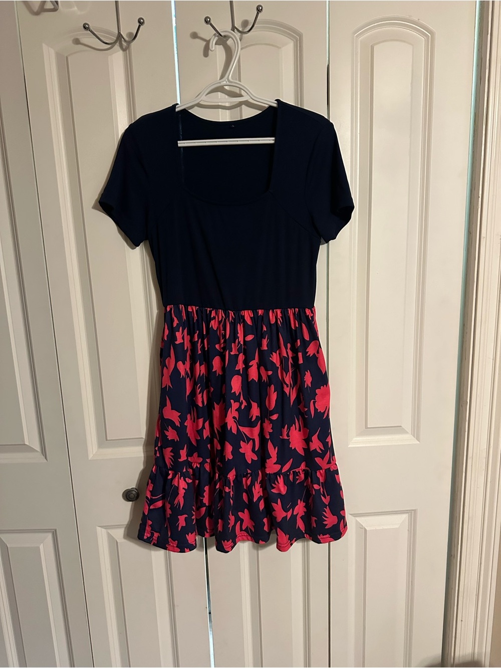 Navy and Bright Pink Floral Fit-and-Flare Dress